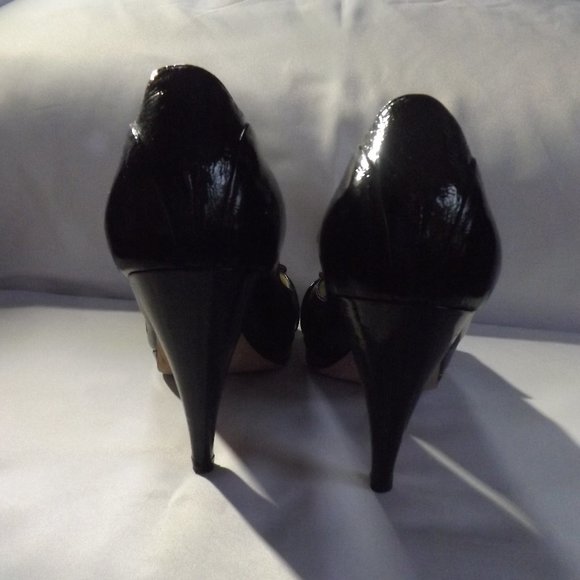 RUPERT SANDERSON BLACK OPEN TOE PATENT LEATHER  PUMPS SHOES  7 - Picture 8 of 9